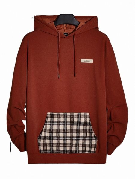 

men's hoodies & sweatshirts men plaid patched detail kangaroo pocket drawstring hoodie 74zz#, Black