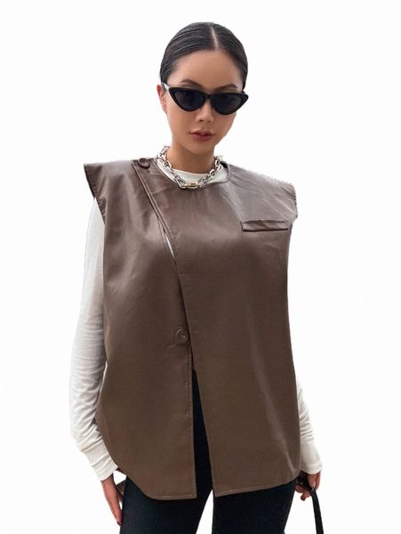 

women's down & parkas dazy solid button front pu vest coat w2uw#, Black