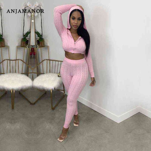 

women's two piece pants anjamanor casual knitted sweater two piece set zip up hoodie pants sets fall winter outfits for women wholesale, White