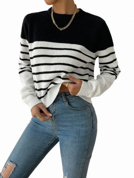 

women's sweaters striped pattern drop shoulder sweater v8m5#, White;black
