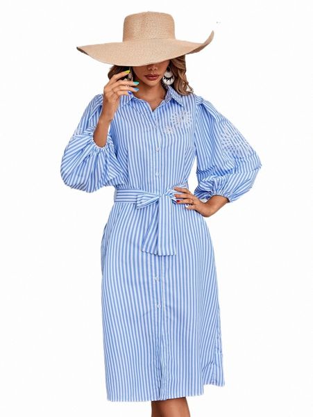 

casual dresses striped & floral print lantern sleeve belted shirt dress x4sq#, Black;gray