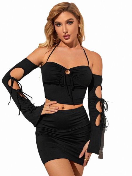 

two piece dress parthea cut out knot front halter & bodycon skirt 15fe#, White