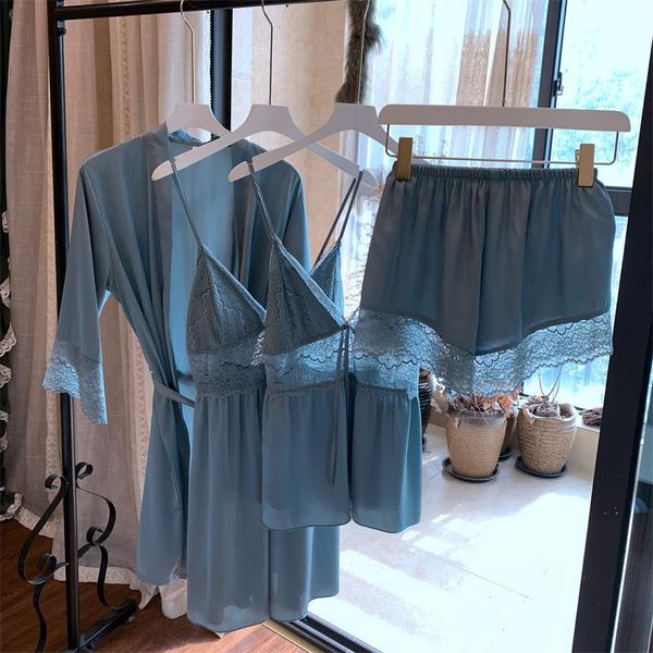 

satin sleepwear robe nightgown cami shorts suit female pajamas set spring summer, Black;red