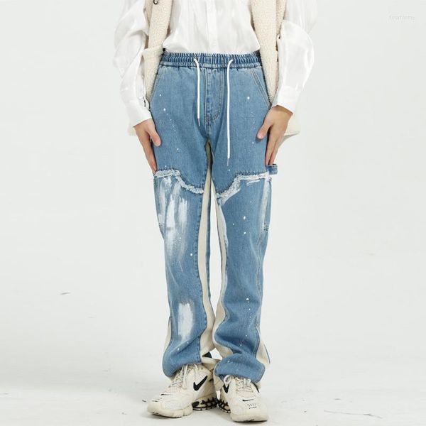 

men's jeans men korean personality splash ink pain elastic waist drawstring full length four seasons color matching casual, Blue