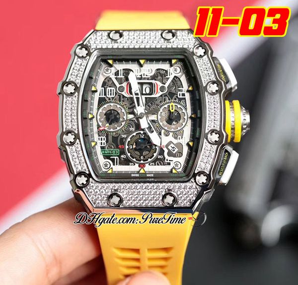 

2022 11-03 a21j automatic mens watch steel case diamonds bezel skeleton dial big date yellow crown rubber strap 8 styles watches puretime h8, Slivery;brown