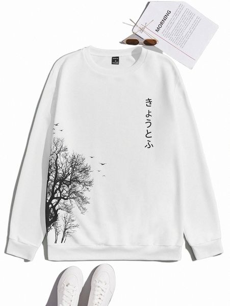 

men's hoodies & sweatshirts men letter & tree print pullover o4z2#, Black
