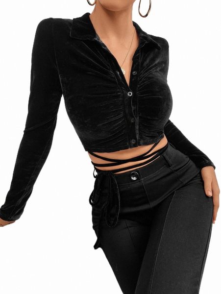 

women's blouses & shirts button up lace up ruched crop shirt u1co#, White