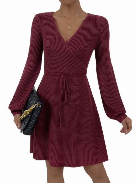 

women's sweaters surplice neck drawstring waist sweater dress 29gn#, White;black