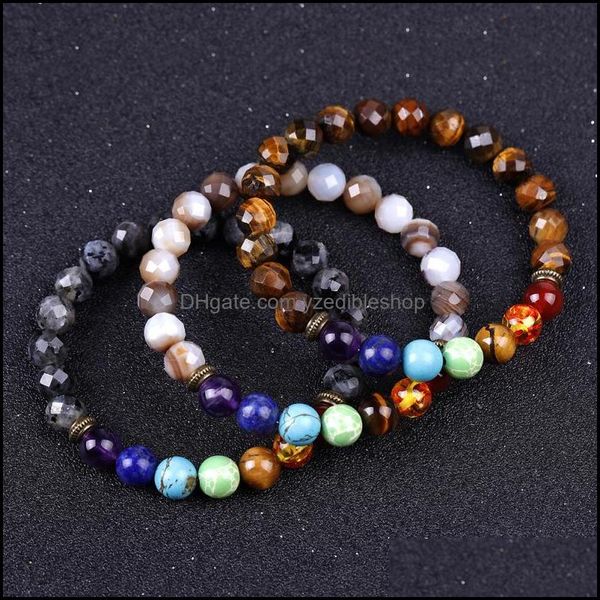 

charm bracelets 7 chakras men bracelet faceted stripe agate tiger eye stone beads bracelets yoga hand string women jewel dhseller2010 dhkla, Golden;silver