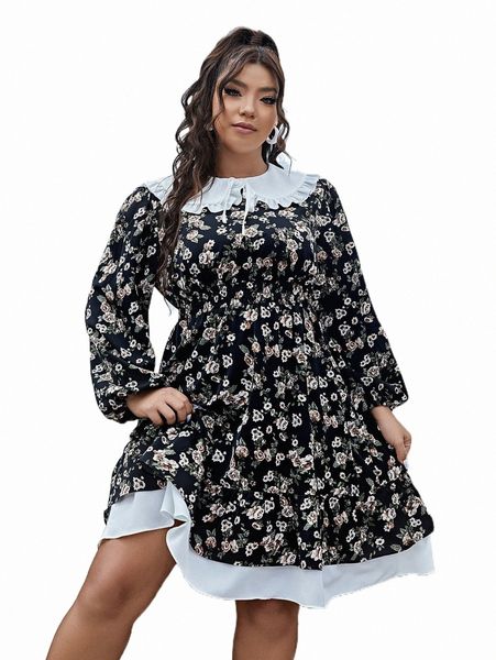 

plus size dresses plus floral print frill trim bishop sleeve dress a9c9#, Black