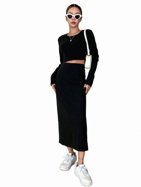 

two piece dress dazy solid crop tee with split hem skirt n3q5#, White