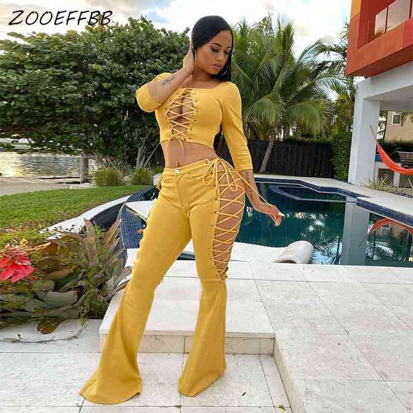 

women's two piece pants zooeffbb hook flower hollow two piece set trendy 2021 fall clothes for women lace up crop flare pants sets club, White