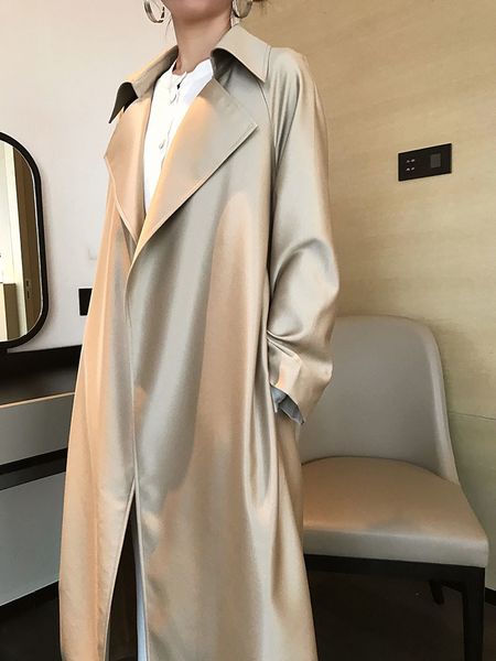 

women's trench coats deat woman trench coat champagne solid silkly long sleeve with sashes loose minimalist high street autumn fashion, Tan;black