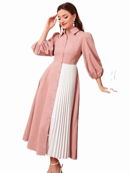 

casual dresses two tone lantern sleeve pleated hem shirt dress y6ix#, Black;gray