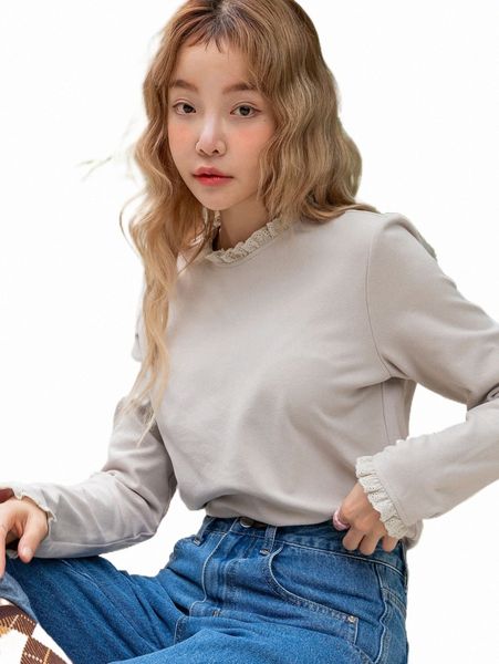 

women's t-shirt dazy solid frill neck tee 2022 new c4jt#, White