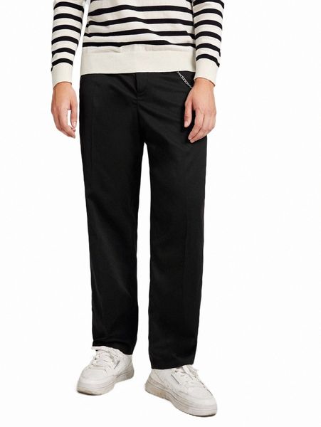 

men's pants men solid slant pocket suit pants with chain w71x#, Black