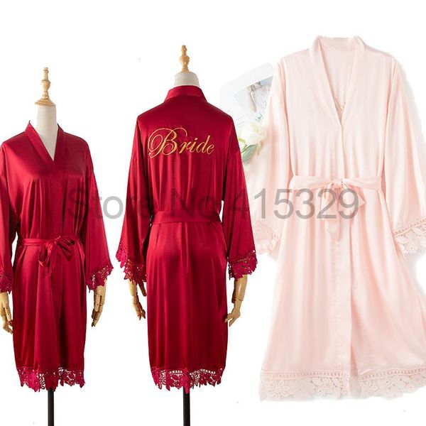 

lace womens sleepwear satin patchwork bride bridesmaid wedding robe, Black;red