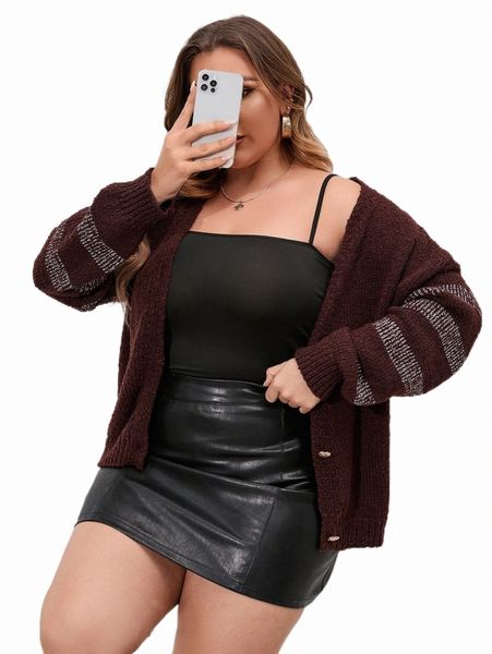 

plus size t-shirt plus stripe pattern drop shoulder cardigan g46a#, Black