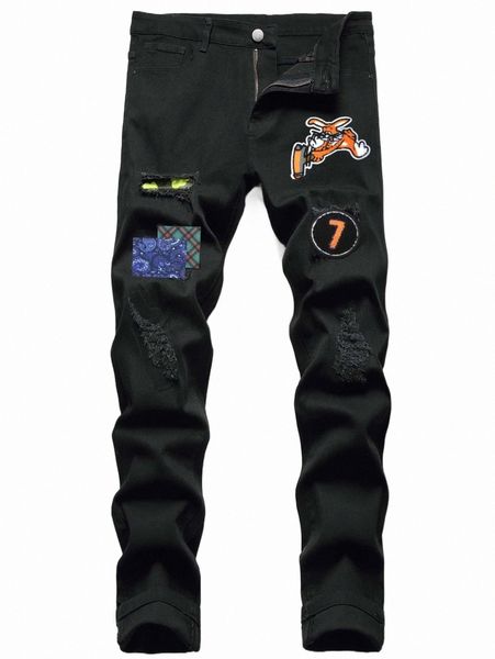 

men's jeans men plaid & paisley print ripped patch detail slim straight jeans e2ep#, Blue