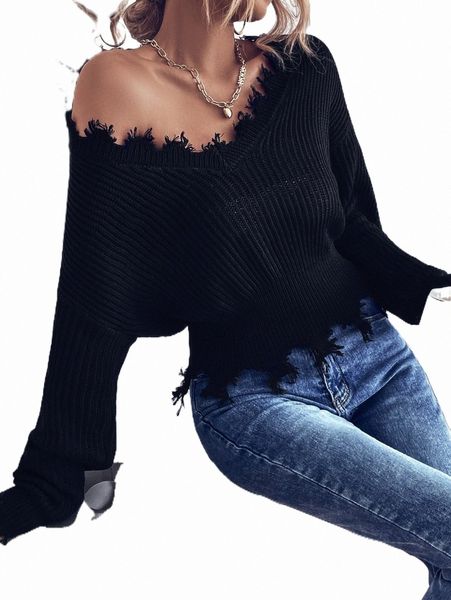 

women's sweaters ribbed knit drop shoulder distressed sweater 00yd#, White;black