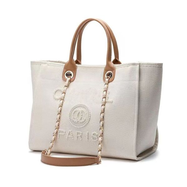 

luxury women's classic evening bags brand ch handbags pearl tote canvas beach bag designers female portable shoulder large capacity big, Black;red