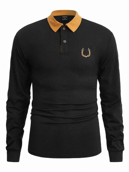 

men's polos men antler contrast collar polo shirt o2c5#, White;black
