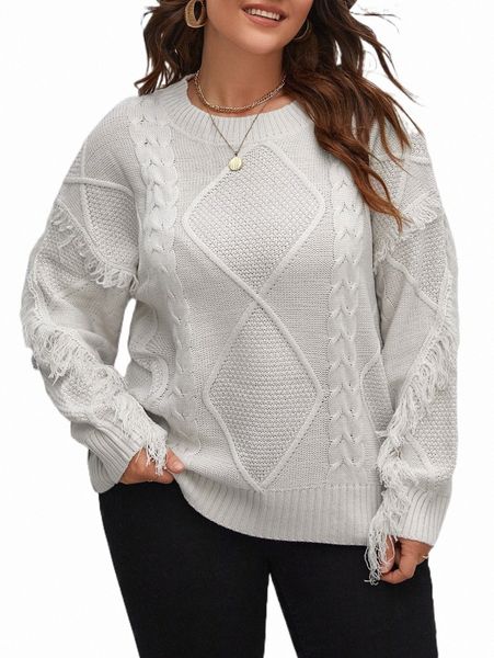 

plus size t-shirt plus cable knit fringe trim drop shoulder sweater v8v9#, Black