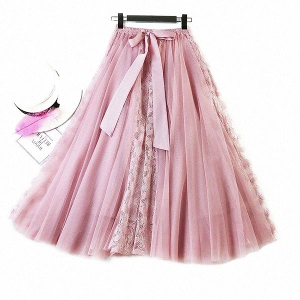

skirts skirts 2022 summer temperament woman pure and sweet lace skirt girl outdoor leisure pastoral style bow high waist mesh b9ir#, Black