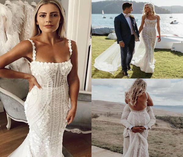 

2023 3d floral applique mermaid wedding dresses bridal gown lace backless spaghetti straps beaded sweep train custom made country vestidos d, White