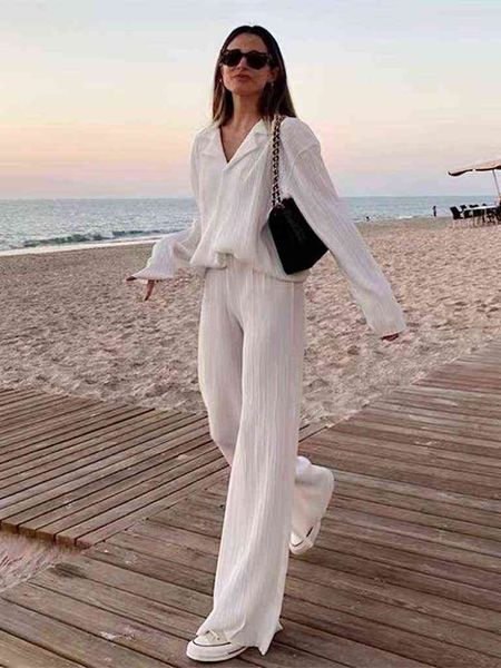 

women's two piece pants 2022 autumn women elegant pleated two piece set loose long sleeve blouses high waist wide leg pants suit female, White