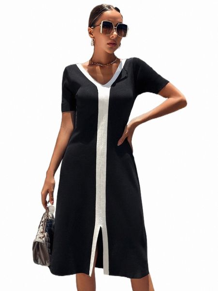 

women's sweaters knit mix contrast trim split hem sweater dress k9fq#, White;black