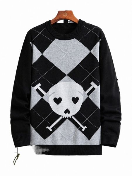 

men's sweaters men argyle & skull pattern sweater 26gw#, White;black