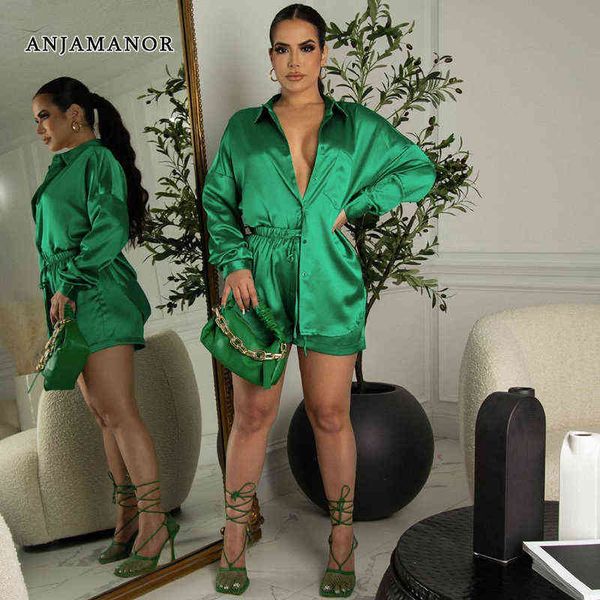 

women's two piece pants anjamanor satin green long sleeve shirts and shorts two piece sets womens outifits summer lounge wear vacation, White