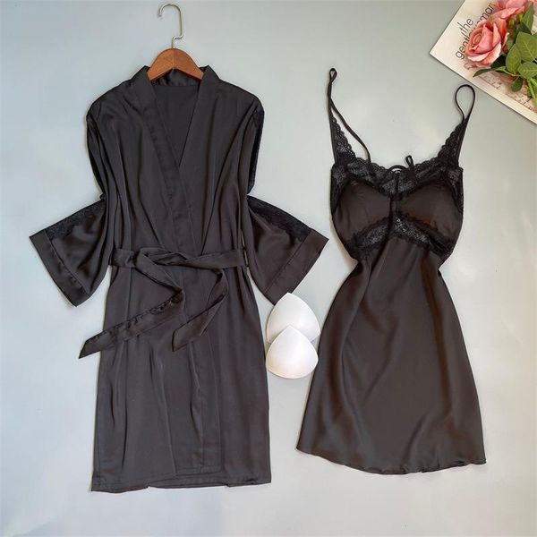 

loose home clothes pajamas suit nightwear sleepwear women robe set satin, Black;red