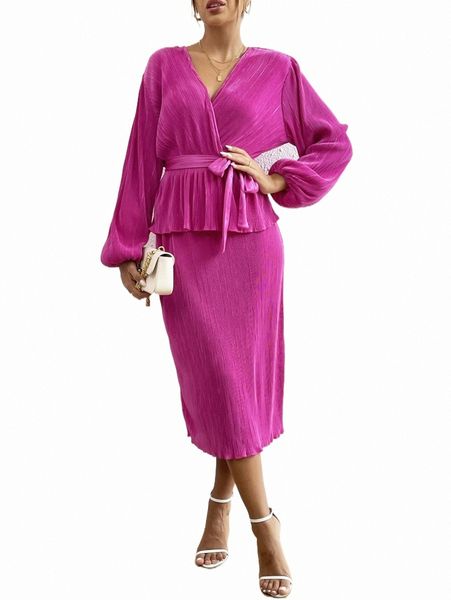 

two piece dress lantern sleeve peplum belted & skirt n796#, White