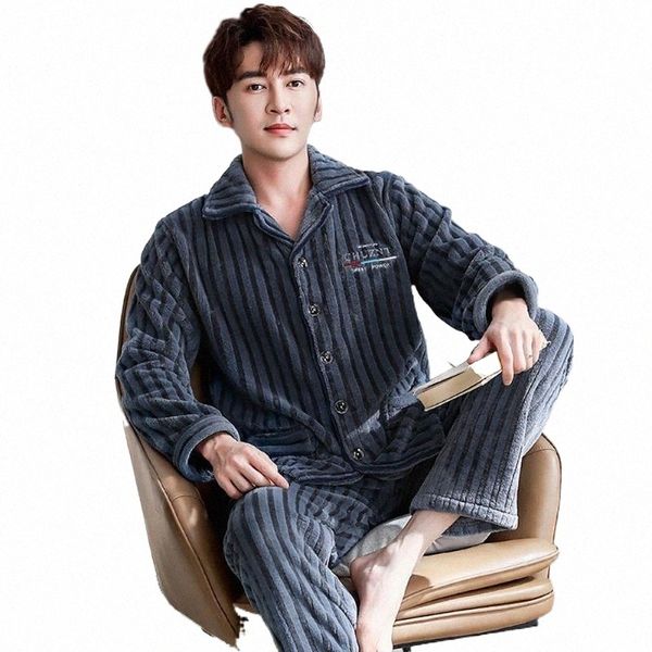

men's sleepwear men's sleepwear flannel pajama sets men winter pajamas thick warm lounge set fashion striped embroidery male pijam, Black;brown