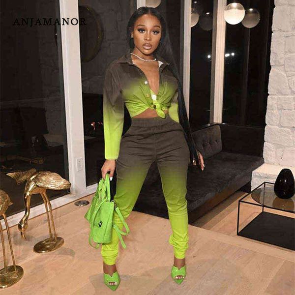 

women's two piece pants anjamanor fashion gradient print 2 piece sets pants and long sleeve womens outfits clubwear fall matching sets, White