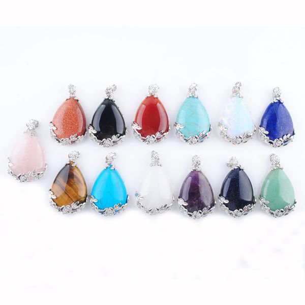 

natural stone teardrop pendant inlaid metal flower water drop pink quartz lapis crystal opal women men jewelry bn350, Silver