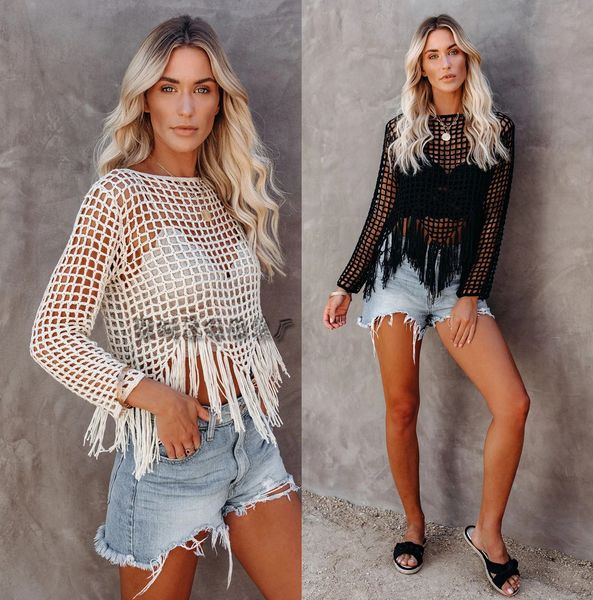 

women's swimwear women long sleeve crochet bikini cover up hollow see through tassel swimsuit blouse beach wear, White;black