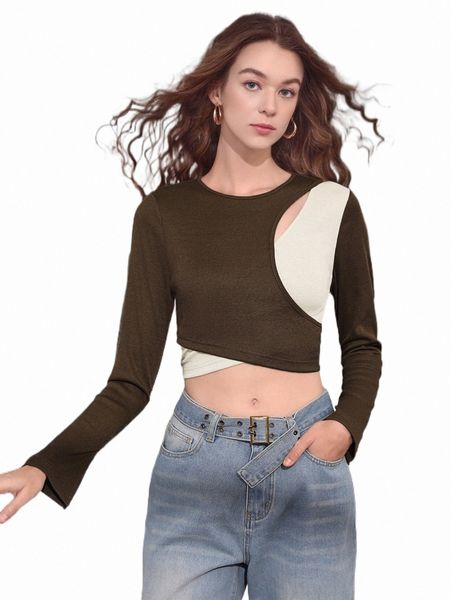 

women's t-shirt mod colorblock flounce sleeve crop tee t366#, White
