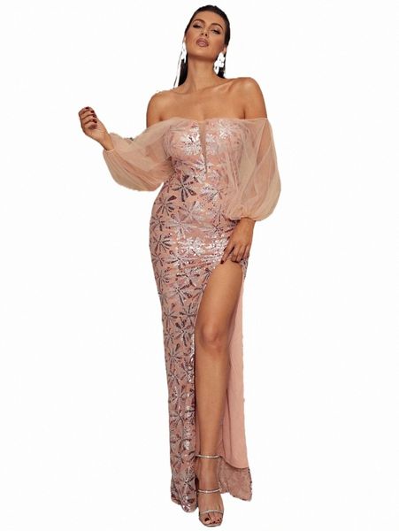 

casual dresses missord off shoulder lantern sleeve split thigh sequin formal dress 077l#, Black;gray