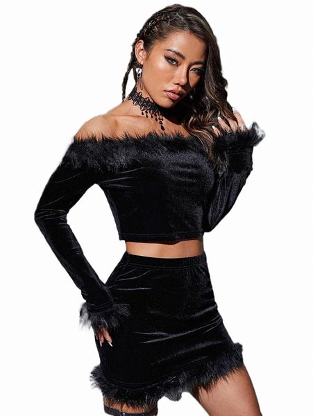 

two piece dress off shoulder fuzzy trim velvet & skirt t2bx#, White