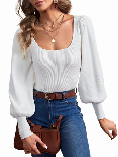 

women's sweaters lantern sleeve scoop neck sweater a53r#, White;black