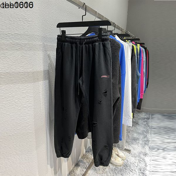 

autumn and winter pants high version b family cola wave printing hole loose foot binding terry sports men's and women's guard pant, Black