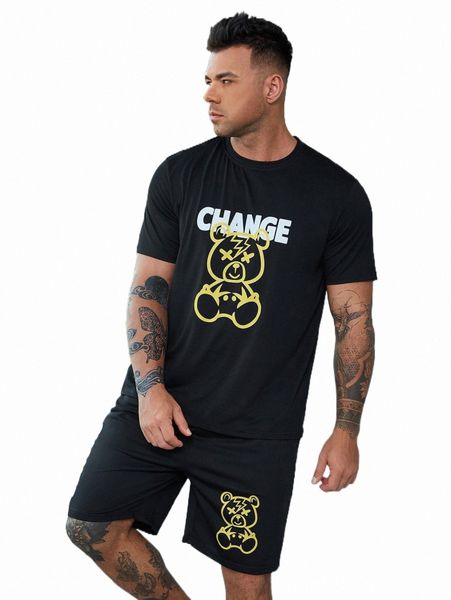 

men's tracksuits extended sizes men bear & letter graphic tee & shorts d3nf#, Gray