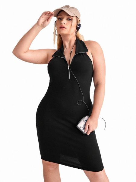 

plus size dresses plus half zip backless bodycon dress d01c#, Black