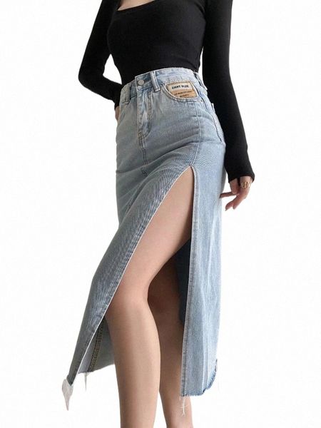 

skirts skirts tall waist side split cowboy 2022 cultivate one's morality 24ky#, Black