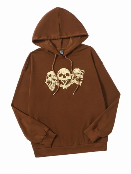 

women's hoodies & sweatshirts skull print drop shoulder hoodie u9kk#, Black