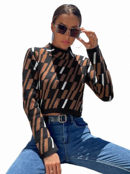 

women's sweaters knit mix geo pattern mock neck crop sweater m2ts#, White;black