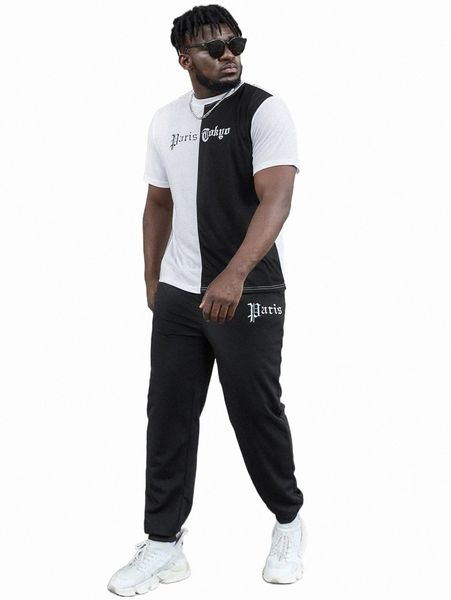 

men's tracksuits extended sizes men letter graphic tee & sweatpants 37q7#, Gray